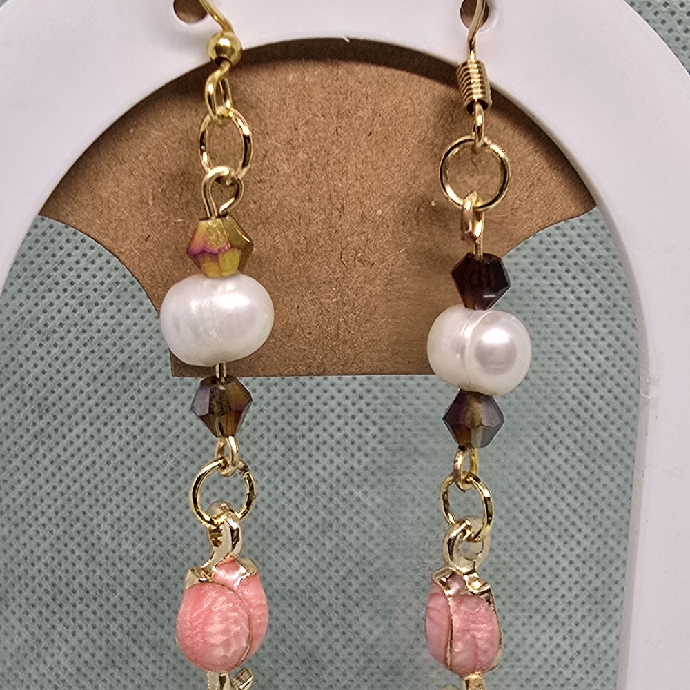 Gold and Pink Pearl Drop Earrings